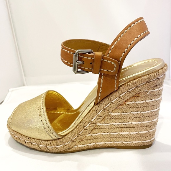 PRADA WEDGE ESPADRILLES  SANDALS - GOLD LEATHER  Size 39 - Picture 2 of 4